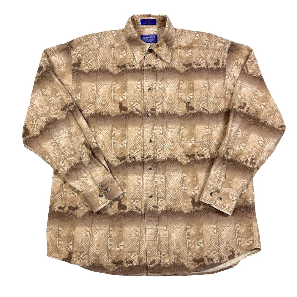 Pendleton Shirt Men Medium Brown Chamois Cloth Button Up Elk Print Southwestern